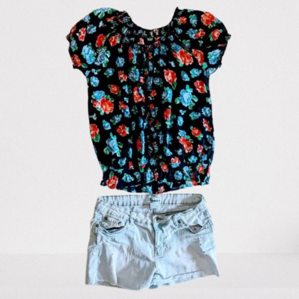 Blue Crush Cut Off Jean Shorts Daisy Duke Style and Boho Floral Off Shoulder Top